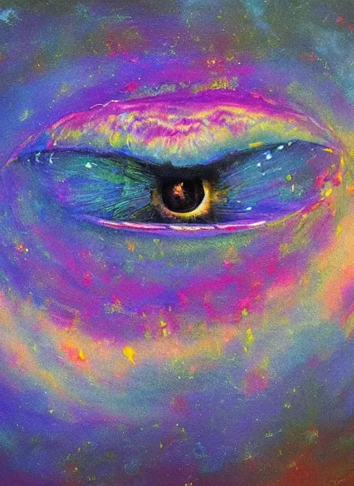 Image similar to a beautiful painting of a single all-knowing eye in a cloudy sky, visionary art, beautiful colors