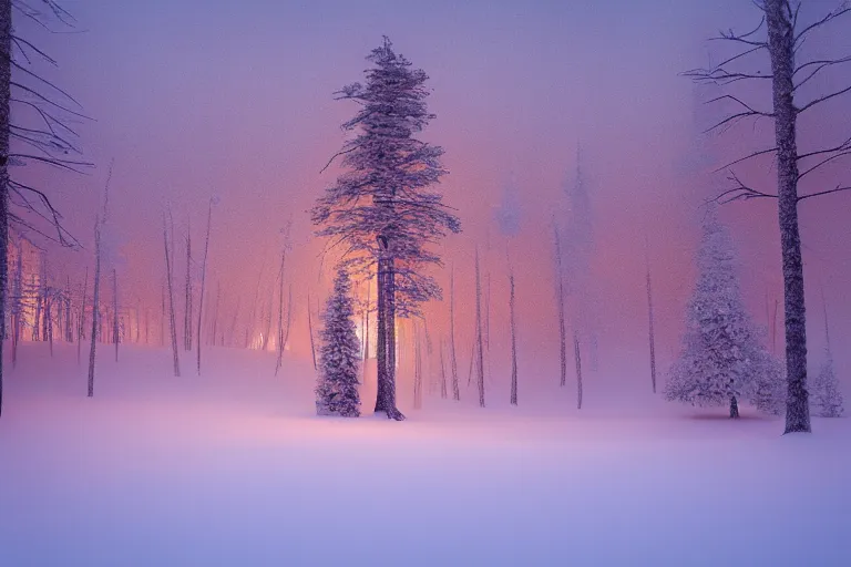 Prompt: lapland, cannon snow covered trees, volymetric light, ethereal, mist, warm colours, dusk, by noah bradley and john howe