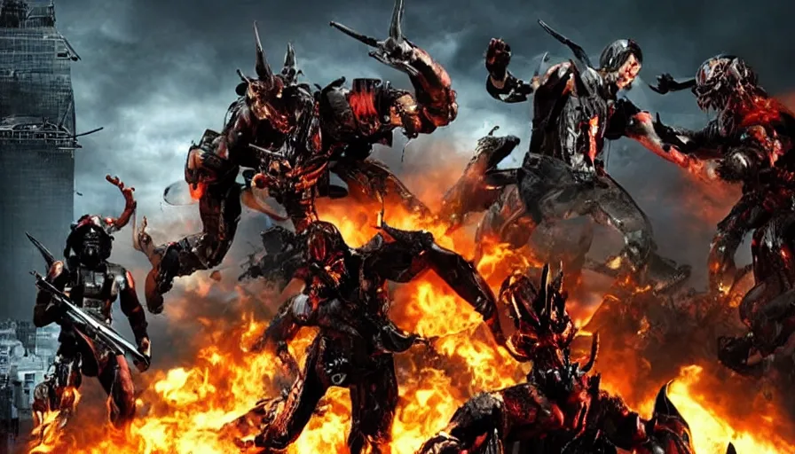 Prompt: big budget action movie about demonic battle cyborgs destroying a city