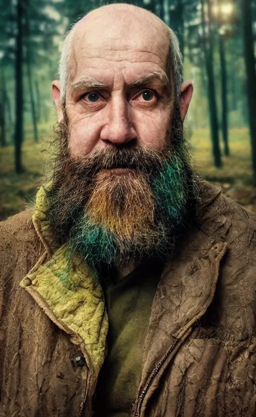 Image similar to realistic colorful photo portrait of a sad old man with mushrooms growing on his beard, perfectly symmetrical, illuminated forest in the background, full light, ultra rendered, extreme realism, 8 k, photorealistic,