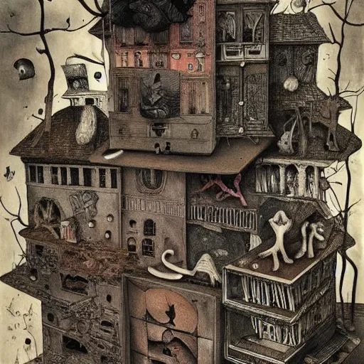 Prompt: box of ghosts| by Santiago Caruso and M.C. Escher and Joseph Cornell| very detailed| colorful beautiful eerie surreal psychedelic