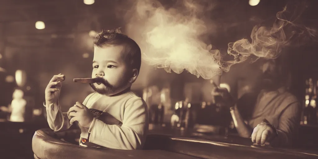 Prompt: a phtorealistic of an baby with a beard and mustache smoking a big cigar in a bar