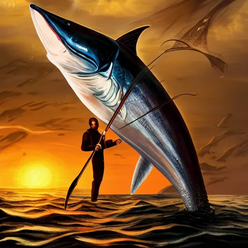 Image similar to lord sauron on his new paddle fishing a giant swordfish, cap canaveral background, digital art, trending on art station, high quality, uhd 8 k, beautiful, golden hour, intricate detail, high gradient, raytracing