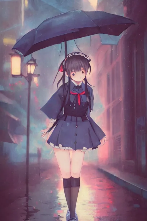 Image similar to art by D. Jun portrait a stern schoolgirl in Japanese maid's clothes and long stockings sits on a wet Japanese street in the at night, trending on artstation, anime vintage colors, polaroid, foggy, volumetric light, cinematic render, oil painting