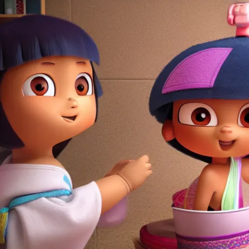 Image similar to dora the explorer as a real girl in japanese bath house with towel on her head, masterpiece 4k, highly detailed, trending on artstation, award winning,