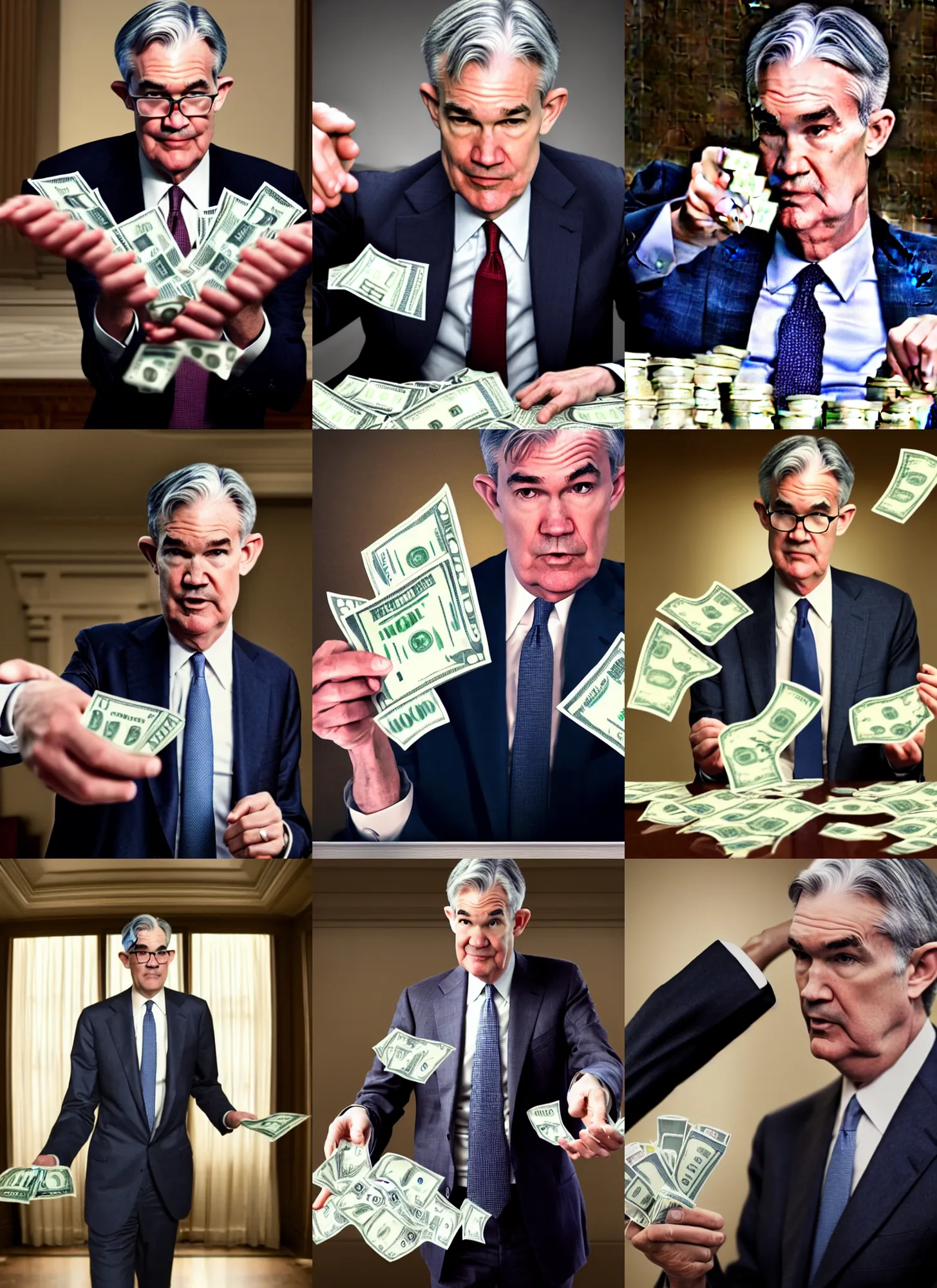 Prompt: jerome powell throwing money, 4 k still from movie