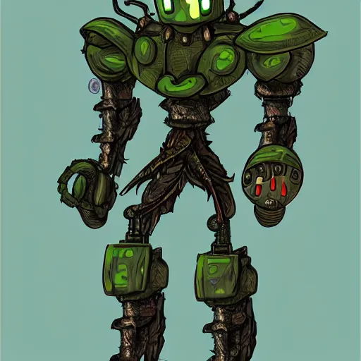 Prompt: A dungeon & dragons character that is a pacifist robot made from roots and metal and wears a green cape made of leaves, digital art