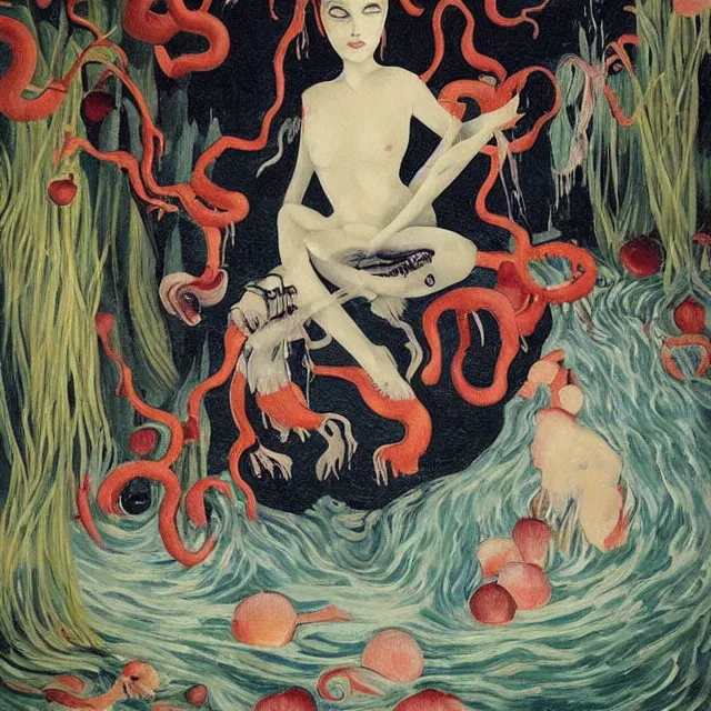 Image similar to tall female catgirl artist holding sheet music in her flooded apartment, pomegranates, octopus, water gushing from ceiling, painting of flood waters inside an artist's apartment, a river flooding indoors, mushrooms, ikebana, zen, rapids, waterfall, black swans, canoe, berries, acrylic on canvas, surrealist, by magritte and monet