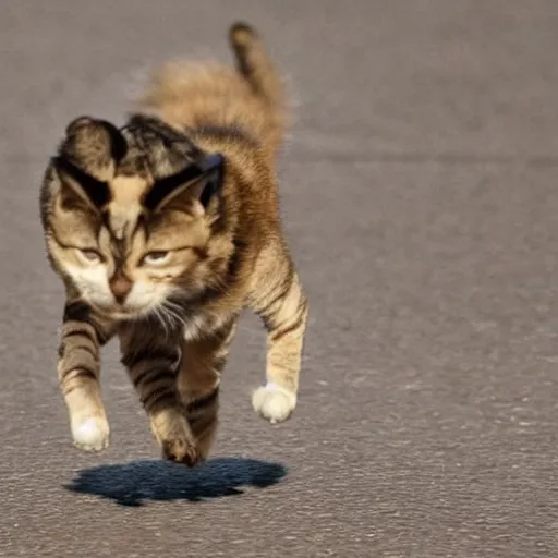 Prompt: a giant cat chasing after a little dog, little dog running away fast from the scary cat