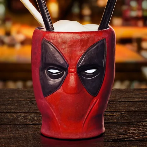 Image similar to a closeup photorealistic photograph of a deadpool style tiki mug sitting at a trader vic's bar featuring the face of deadpool. tiki culture. bright scene. fine detail. this 4 k hd image is trending on artstation, featured on behance, well - rendered, extra crisp, features intricate detail, epic composition and the style of unreal engine.