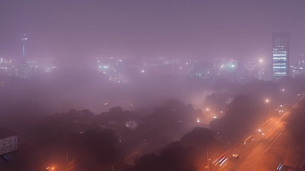 Image similar to photograph of a foggy latin american city at night by henri prestes, 4 k resolution