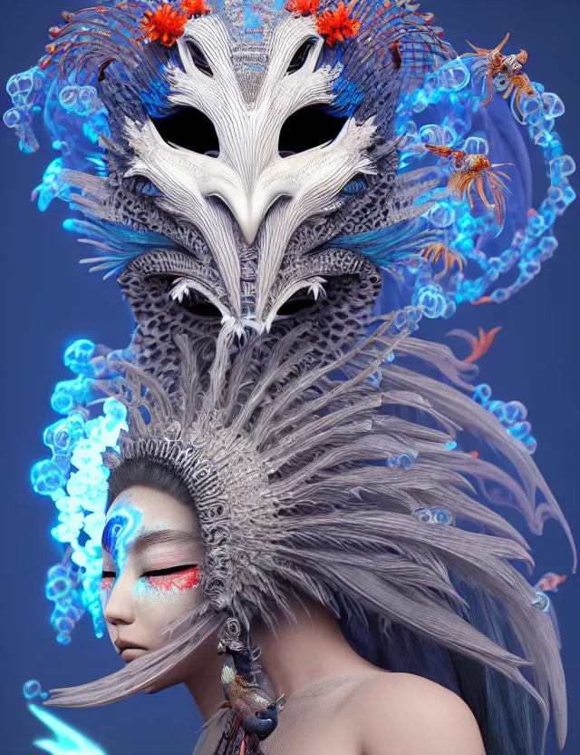 Image similar to 3 d shaman goddess close - up profile portrait. beautiful intricately detailed japanese crow kitsune mask and clasical japanese kimono. betta fish, jellyfish phoenix, bio luminescent, plasma, ice, water, wind, creature, artwork by tooth wu and wlop and beeple and greg rutkowski