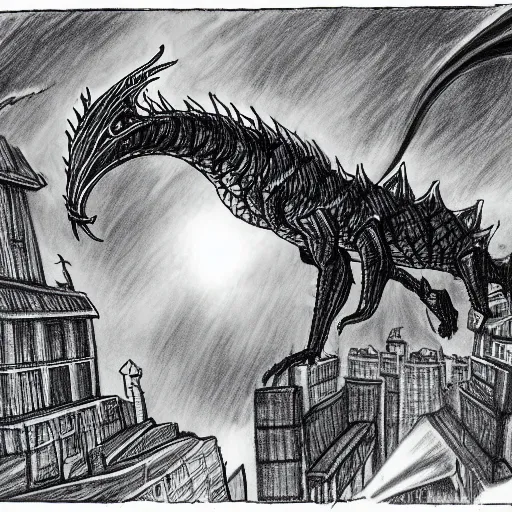 Prompt: the great wyrm breathing fire at a city, hyperrealistic drawing