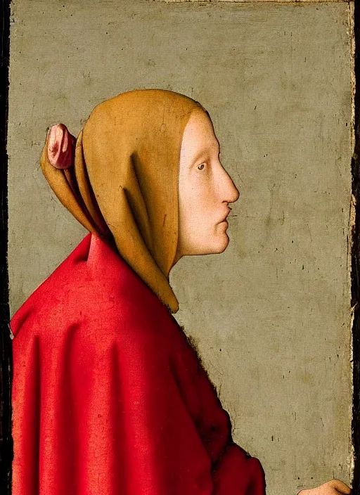 Image similar to Profile of Fallen Angel dressed in red, Medieval painting by Jan van Eyck, Johannes Vermeer, Florence