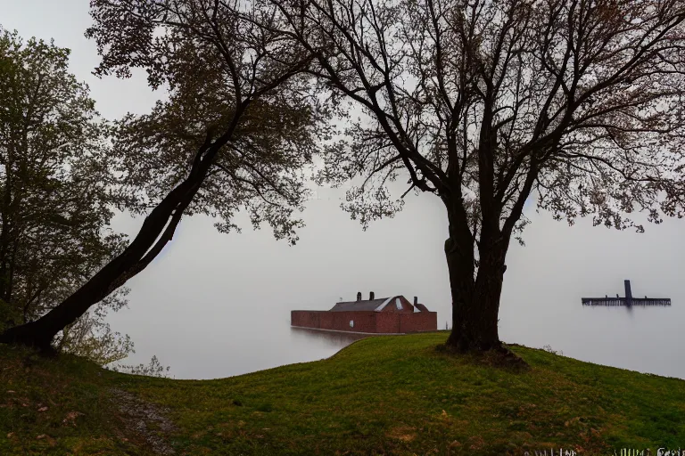 Prompt: low angle wideshot of Suomenlinna, early morning, mist, breathtaking polaroid photo,