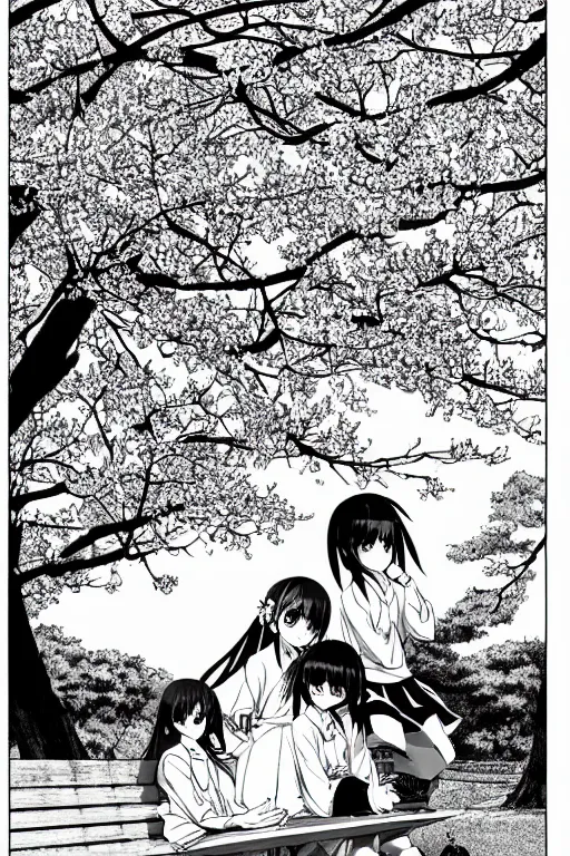 Prompt: black and white manga page, highly detailed pen, shoujo romance, two girls, first girl with long dark hair, second girl with short light hair, sailor uniform, sitting on bench, cherry blossom tree in background with petals floating, drawn by Atsushi Ohkubo