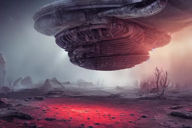 Image similar to a crashed huge alien spaceship on an alien planet in giger style, realistic, octane render, foggy, atmospheric lighting , rays of light, small red lights, wide angle perspective