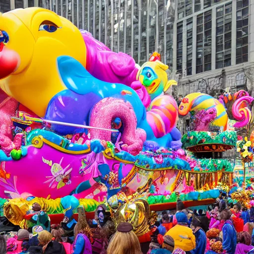 Image similar to photo of giant lisa frank inspired parade float in the macys thanksgiving parade, detailed 4 k photo