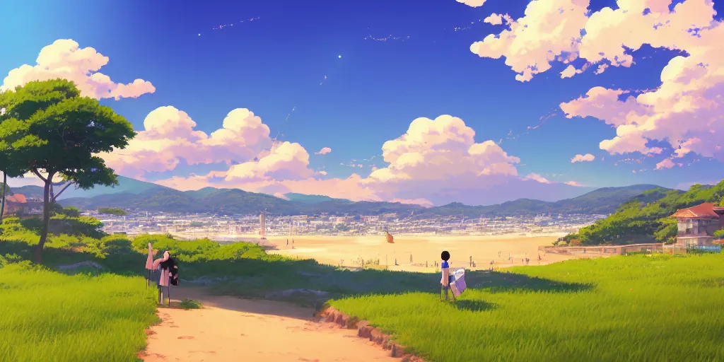 Prompt: beautiful anime painting of a coastal town, clear blue skies, beach, rolling green hills, daytime, by makoto shinkai, kimi no na wa, artstation, atmospheric.
