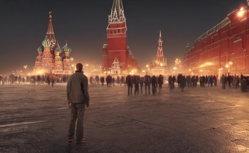 Prompt: a man standing in the middle of Red Square at night, a photorealistic painting by Gregory Crewdson, cgsociety, playstation 5 screenshot, matte painting, cryengine
