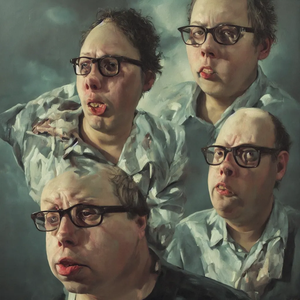 Image similar to oil painting by christian rex van minnen portrait of todd solondz, extremely bizarre disturbing, intense chiaroscuro lighting perfect composition masterpiece intense emotion