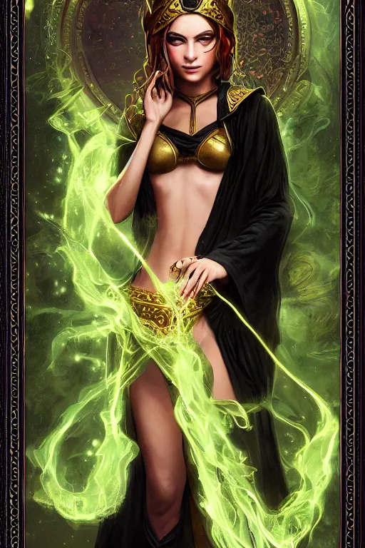 Prompt: a tarot card of an attractive young girl sorceress wearing a black robe with gold embroidery, casting a spell, green glows, painted by artgerm and tom bagshaw, in the style of magic the gathering, highly detailed digital art