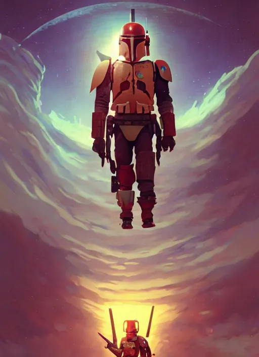 Image similar to symmetry! highly detailed portrait of boba fett, shallow focus!!!. fantasy art by greg rutkowski, loish, rhads, ferdinand knab, makoto shinkai and lois van baarle, ilya kuvshinov, rossdraws, tom bagshaw, alphonse mucha, global illumination, radiant light, space station.