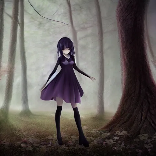 Image similar to plasma body, anime spectral female character, emerge from big old creepy tree, mist aura, black eyes melt, full body portrait, photorealistic,