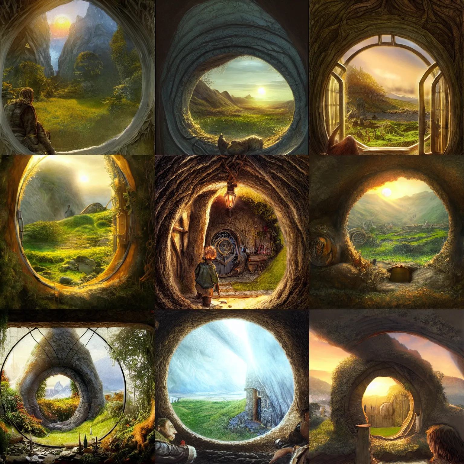 Prompt: the view from inside a hobbit hole looking out a glass window, by alan lee, sunset, intricate, highly detailed, digital painting, artstation, concept art, smooth, sharp focus, illustration, vfx