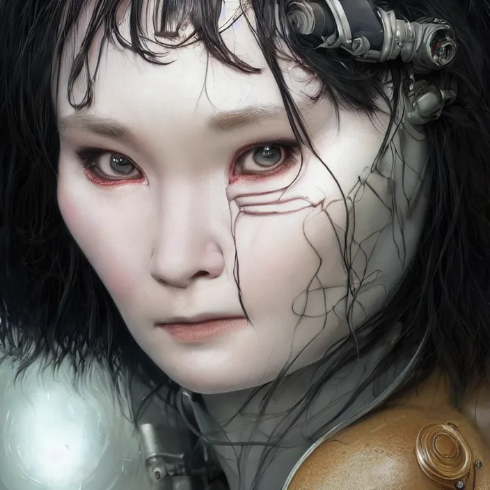 Image similar to hyper - realistic bjork leather cyborg - by tom bagshaw, by ilya kuvshinov, rtx rendering, octane render 1 2 8 k, maya, extreme high intricate details by wlop, digital anime art by ross tran, medium shot, close up shot, composition by sana takeda, dramatic lighting by greg rutkowski, 8 k, trending on artstation