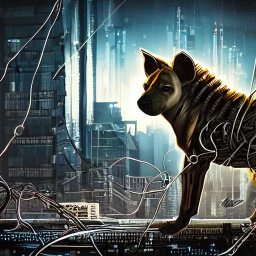 Prompt: cyborg hyena, beksinki style, many wires and exposed metal shown, huge cyberpunk city in background