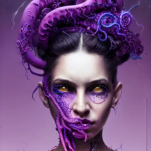 Image similar to art portrait of a furious girl with think, hair-like purple tentacles on her head and bright purple eyes, 8k,by tristan eaton, Stanley Artgermm,Tom Bagshaw,Greg Rutkowski,Carne Griffiths,trending on DeviantArt, face enhance,hyper detailed ,full of colour,