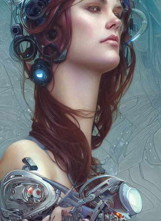 Image similar to beautiful young woman cyberpunk woman, portrait, intricate, elegant, highly detailed, centered, digital painting, artstation, concept art, smooth, sharp focus, illustration, art by artgerm and donato giancola and alphonse mucha