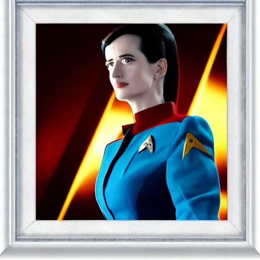 Prompt: a full body portrait of eva green as a vulcan star fleet officer from star trek next generation dressed in full uniform, ultra rendered extreme realism and detail, 8 k, highly detailed, realistic, completely framed, hyper realistic, colorful, direct lighting, 3 5 mm photo, photorealistic, sharp focus