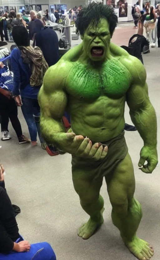 Prompt: a photo of a dude poorly cosplaying The Incredible Hulk,