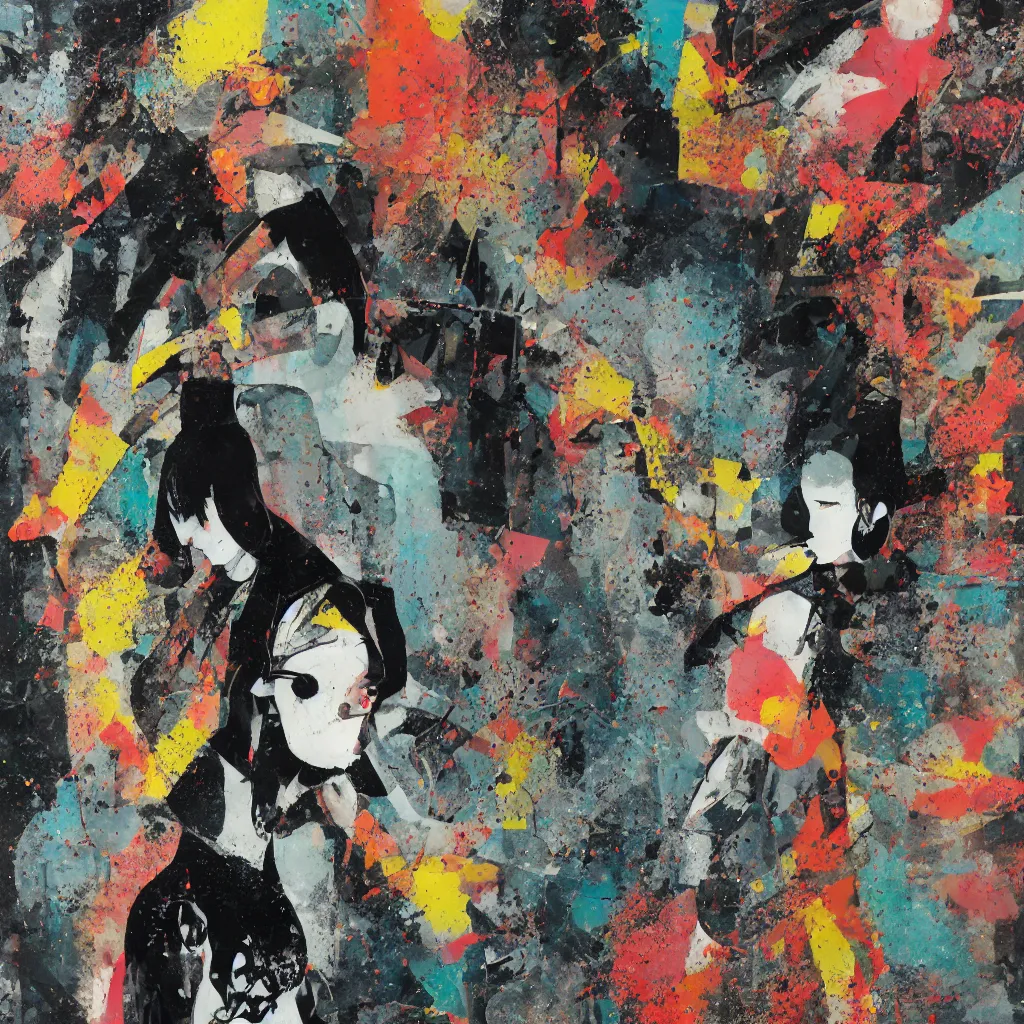 Image similar to girl figure, abstract, jet set radio artwork, ryuta ueda artwork, cryptic, rips, spots, asymmetry, stipple, lines, splotch, color tearing, pitch bending, stripes, dark, ominous, eerie, hearts, minimal, points, technical, old painting, natsumi mukai artwrok, folds