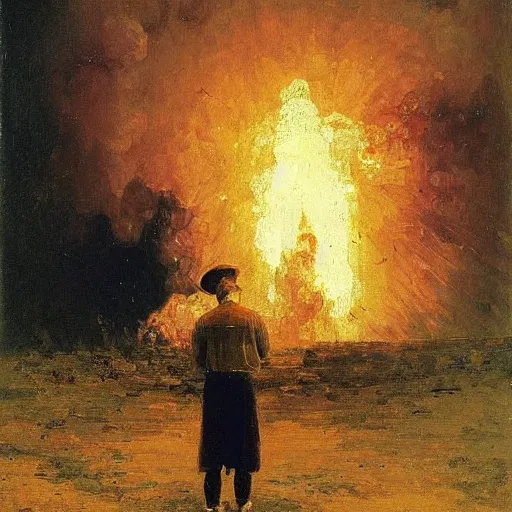 Image similar to high quality high detail painting by ilya repin, man standing in front of huge explosion, hd