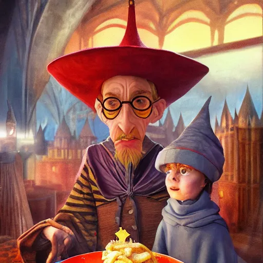 Prompt: Rincewind and a bowl of fries, in Hogwarts School of Witchcraft and Wizardry, detailed, hyperrealistic, colorful, cinematic lighting, character concept art by Paul Kidby and Jim Kay, trending on ArtStation