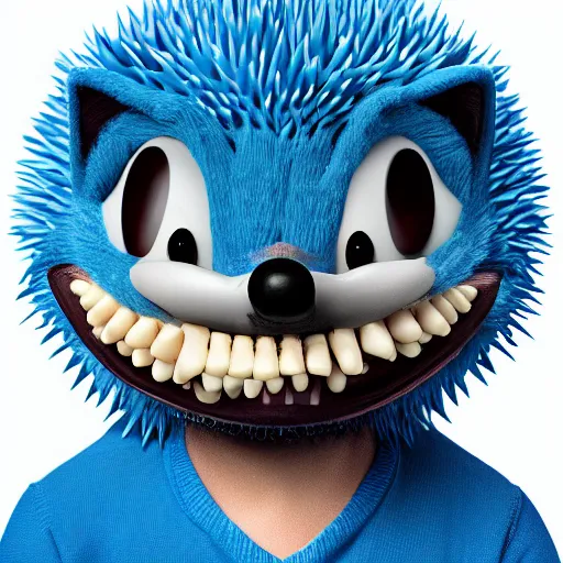 Image similar to anthropomorphic blue hedgehog with human teeth, studio portrait