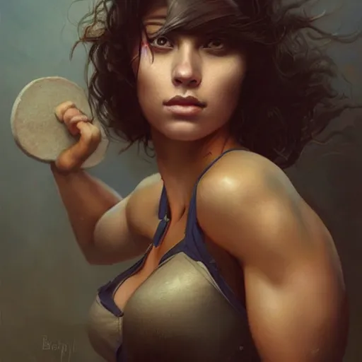 Image similar to painting of a very beautiful girl with muscles lifting weights, by tom bagshaw, greg rutkowski, wlop