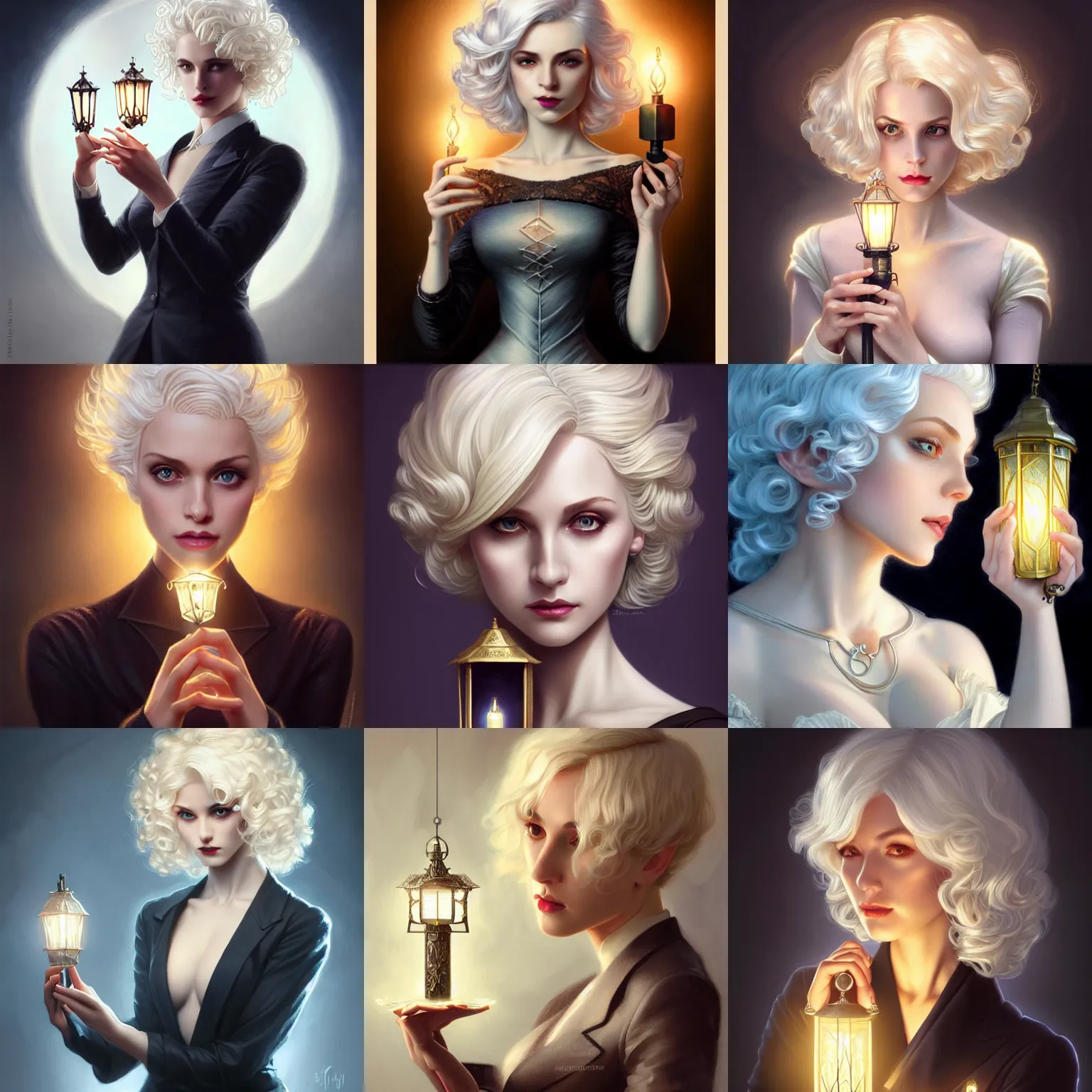 Prompt: platinum blonde curly short hair, dark suit, delicate girl, long nails, dollface, holding a lantern, closeup, D&D, fantasy, intricate, elegant, highly detailed, digital painting, artstation, concept art, matte, sharp focus, illustration, art by Artgerm and Greg Rutkowski and Alphonse Mucha