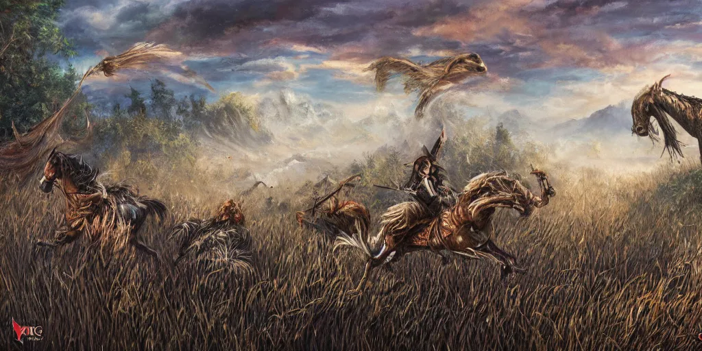 Prompt: wild rice-grain creatures galloping through the wilderness, style of Magic the Gathering, fantasy art