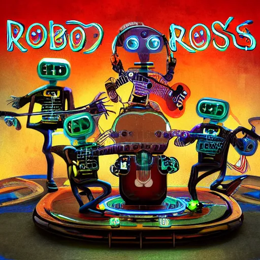 Prompt: album art, robos rock, rockband with 3 steampunk robots playing guitar and drums, r. o. b. o. s. r. o. c. k., 8 k, flourescent colors, halluzinogenic, multicolored, exaggerated detailed, front shot, 3 d render, octane