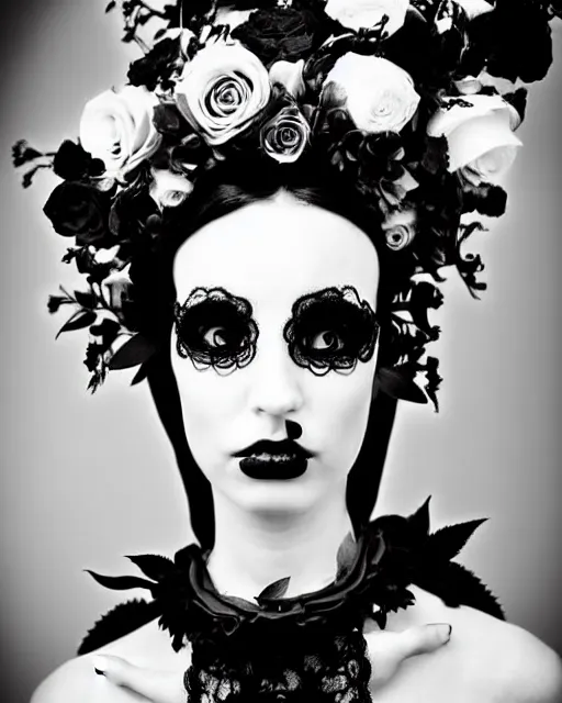 Image similar to dreamy surreal poetic black and white photo of a beautiful young female-cyborg-vegetal with a very long neck and a super big gothic lace collar and a very high big floral crown with many black dry roses by Vivienne Westwood:: smoke, high fashion, haute couture, rococo, avant-garde, elegant, dreamy, hyper realistic, 150 mm lens, soft rim light, octane render, unreal engine, picture was taken in 1910 by Dora Maar, volumetric lighting, dramatic light,8k,