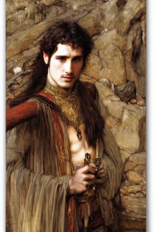 Prompt: attractive male, the lord of the rings, orientalist intricate portrait by john william waterhouse and edwin longsden long and theodore ralli and nasreddine dinet, hyper realism, dramatic lighting