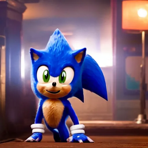 Prompt: a film still of sonic in detective pikachu