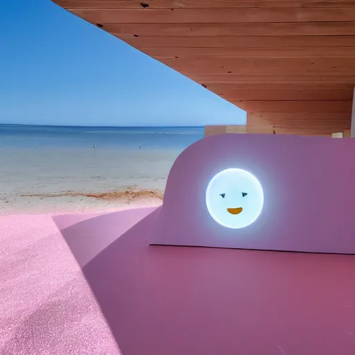 Image similar to An ultra high definition, professional photograph of an outdoor partial IKEA showroom inspired sculpture with a emoji smiley face white dot matrix light sign located on a pastel pink beach ((with pastel pink, dimpled sand where every item is pastel pink. )) The sun can be seen rising through a window in the showroom. The showroom unit is outdoors and the floor is made of dimpled sand. The showroom unit takes up 20% of the frame and is surrounded by barren beach environment. A square dot matrix sign displays an emoji somewhere in the scene. Morning time indirect lighting with on location production lighting on the showroom. In the style of wallpaper magazine, Wes Anderson.