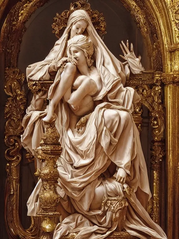 Image similar to a beautiful render of baroque catholic veiled sculpture, the red queen pieta, with symmetry intricate detailed,by LEdmund Leighton, peter gric,aaron horkey,Billelis,trending on pinterest,hyperreal,jewelry,gold,intricate,maximalist,glittering,golden ratio,cinematic lighting