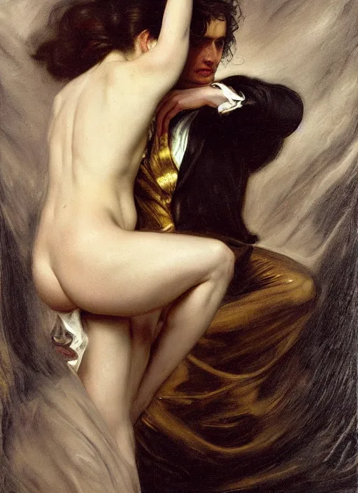 Image similar to highly detailed oil painting | very intricate | cinematic lighting | black, white and gold color scheme, dark background | the mist of the mistic by beethoven | by roberto ferri, by gustav moreau, by singer sargent and klimt, american romanticism, occult art | by austin osman spare, artstation, cgsociety, official art, octane