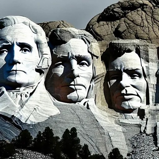 Image similar to donald trump's face carved into the rock on mount rushmore. the photo clearly depicts donald trump's facial features next to other former presidents, at a slightly elevated level, depicting his particular hair style carved into the stone at the mountain top, centered, balances, regal, pensive, powerful, just